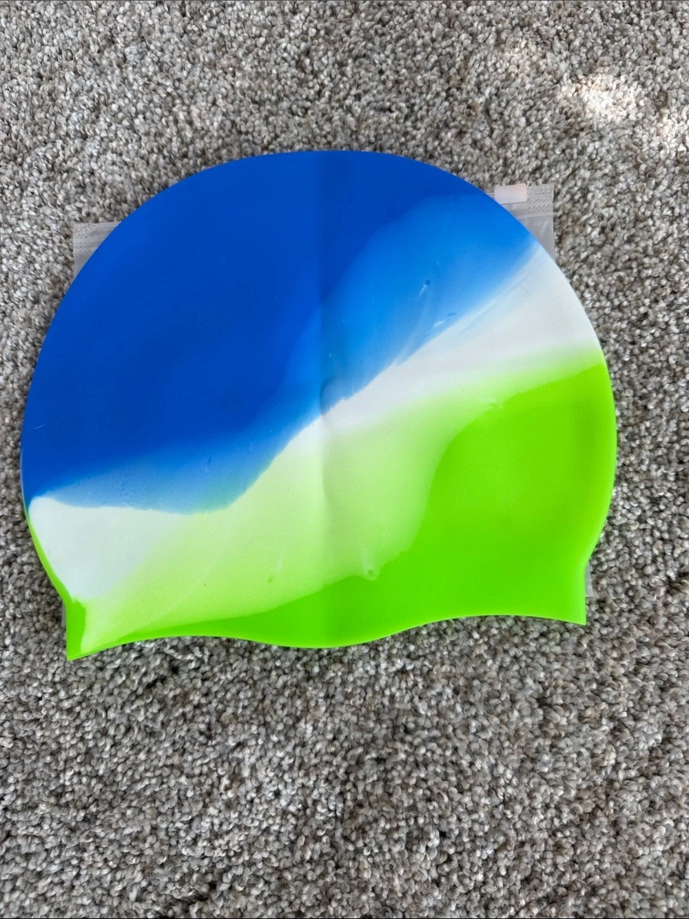 Kids Silicone Swim Cap — Blue, White & Neon Green